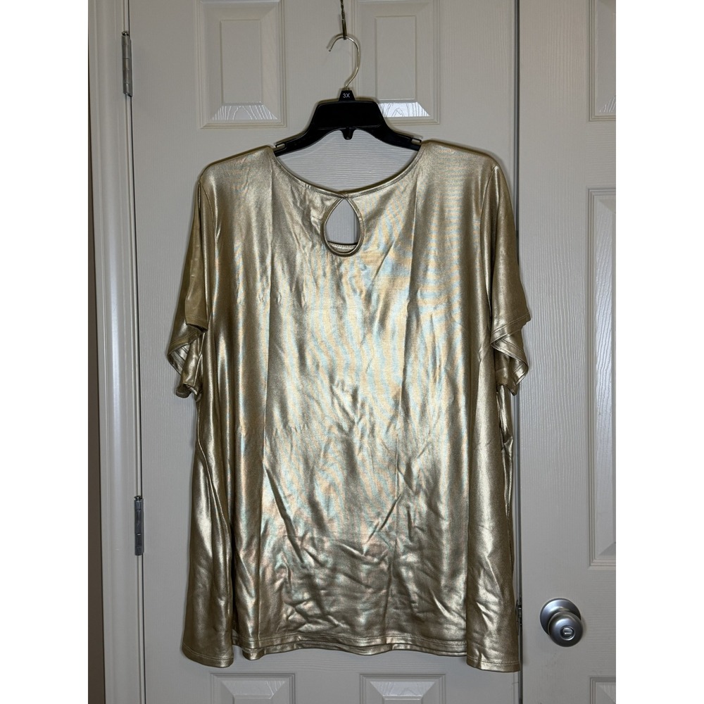 Roaman's Metallic Gold Top Women 3X Gold Excellent Short Sleeve Keyhole Tunic - Picture 2 of 5
